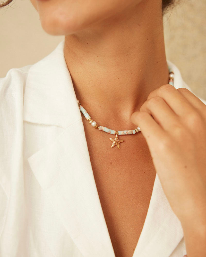 Beaded Gemstone Starfish Charm Choker