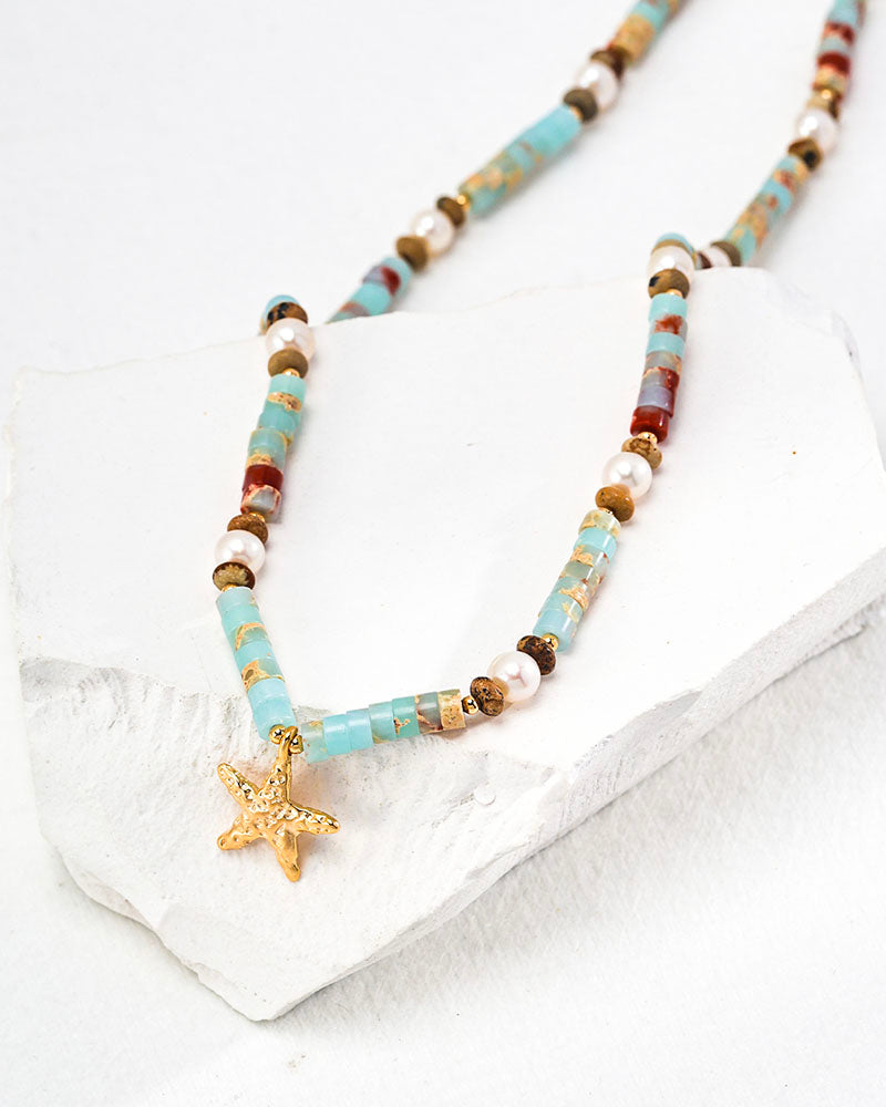 Beaded Gemstone Starfish Pendant Necklace