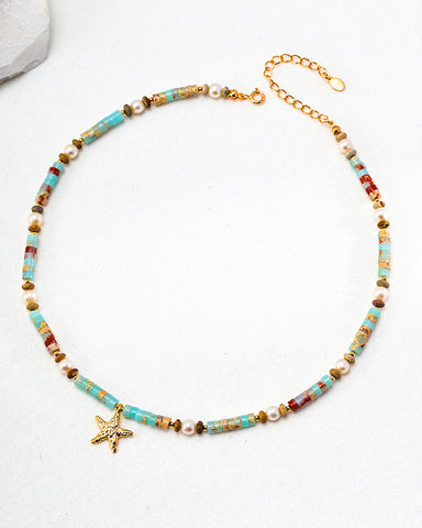 Beaded Gemstone Starfish Charm Choker