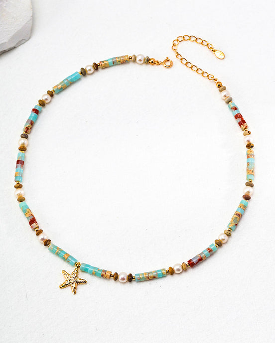 Beaded Gemstone Starfish Charm Choker
