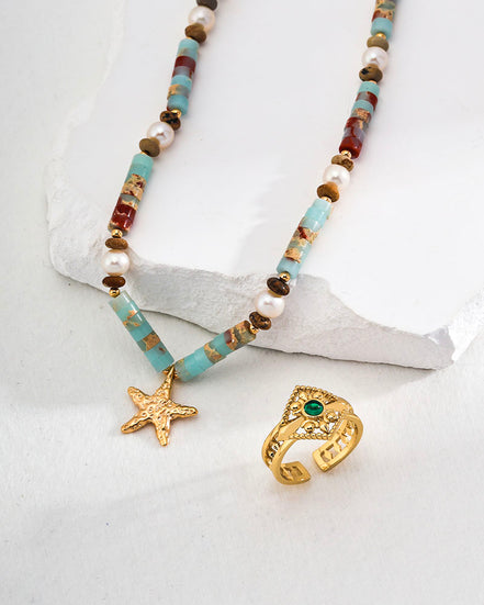 Beaded Gemstone Starfish Pendant Necklace