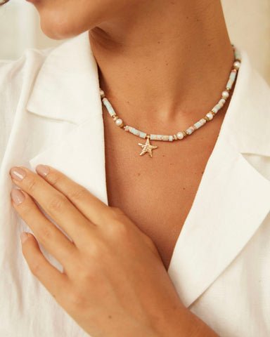 Beaded Gemstone Starfish Charm Choker