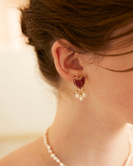 Crimson Heart Pearl Drop Earrings