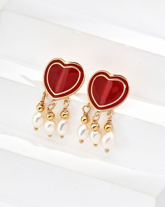 Crimson Heart Pearl Drop Earrings