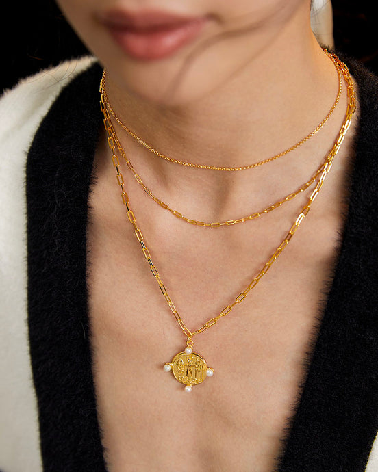 Gilded Pearl Coin Charm Necklace