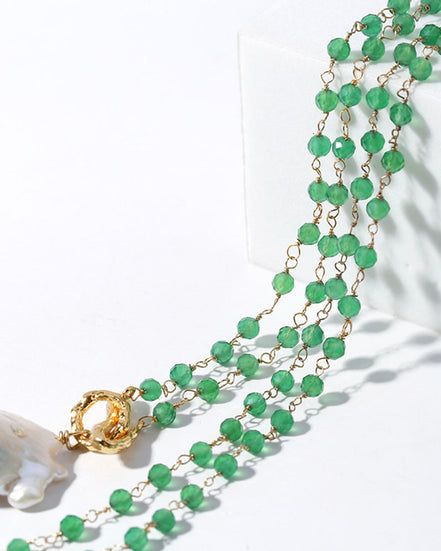 Green Agate Beads Pearl Pendant Necklace