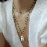 Green Agate Beads Pearl Pendant Necklace