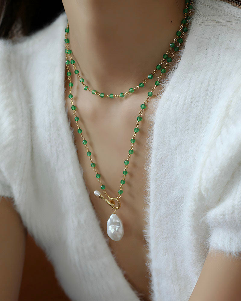 Green Agate Beads Pearl Pendant Necklace