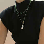 Green Agate Beads Pearl Pendant Necklace
