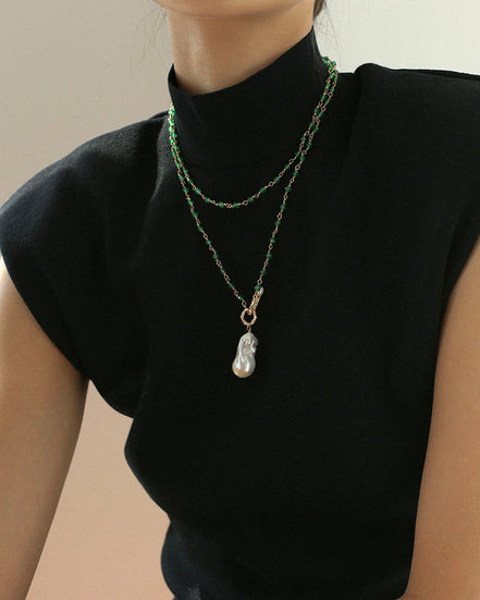 Green Agate Beads Pearl Pendant Necklace