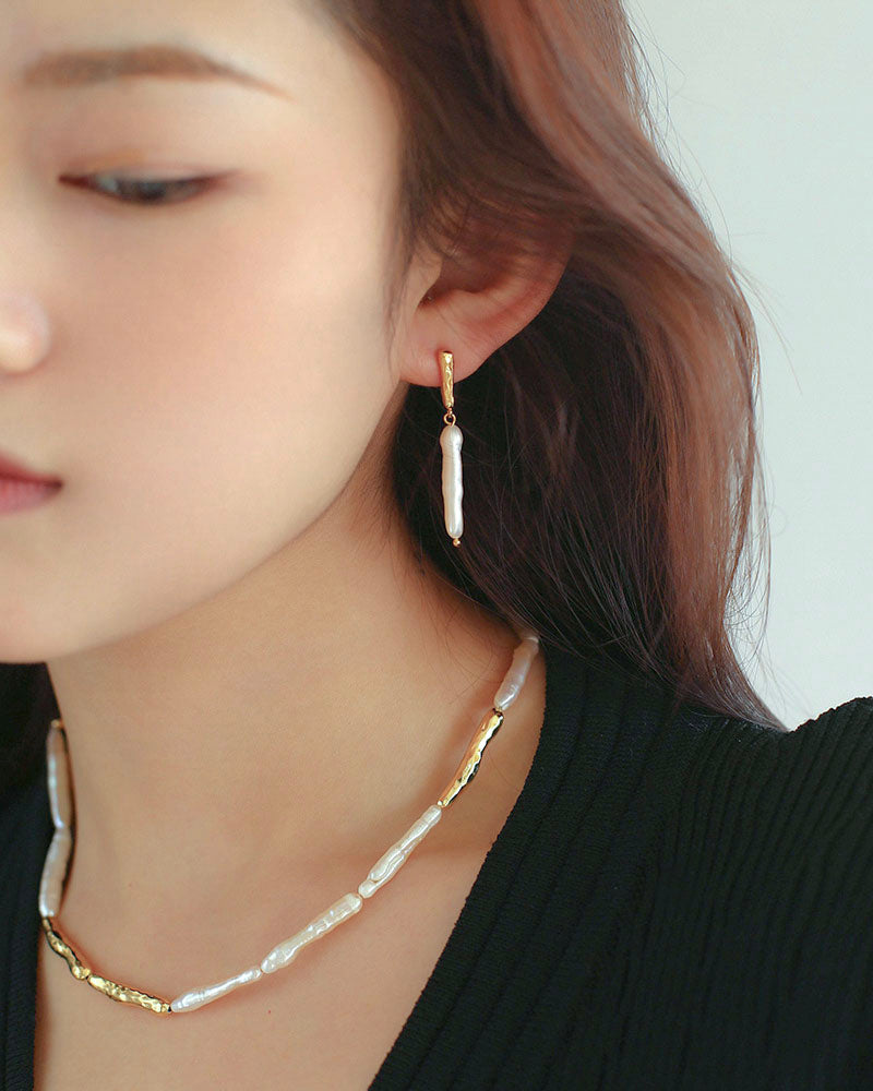 Long Baroque Pearl Bar Earrings