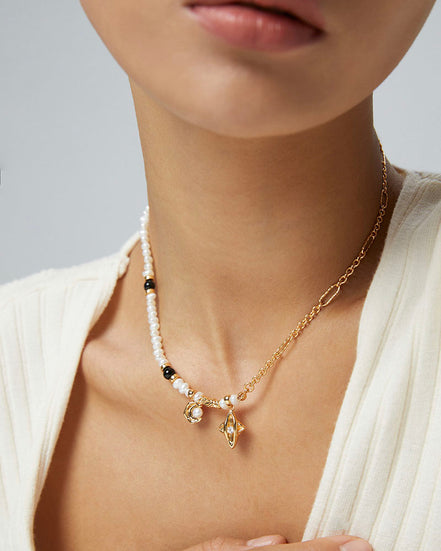 Moon Star Pearl Charm Necklace