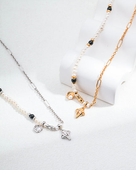 Moon Star Pearl Charm Necklace