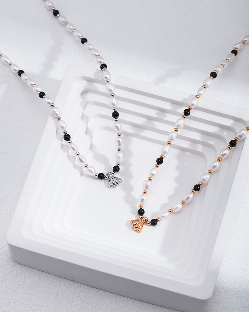 Onyx Beaded Pearl Charm Choker