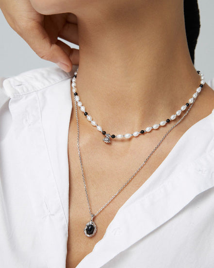 Onyx Beaded Pearl Charm Choker