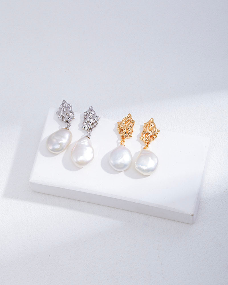 Molten Square Baroque Pearl Drop Earrings