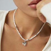 Stitch Heart  Pendant Pearl Necklace