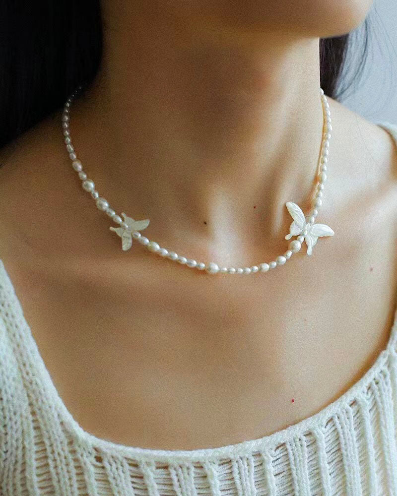 White Shell Butterfly Pearl Necklace